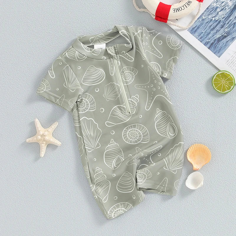 0-3Y Infant Baby Boys Summer Swimwear Cute Sea Element Prints Zipper Short Sleeve Swimsuit Beachwear