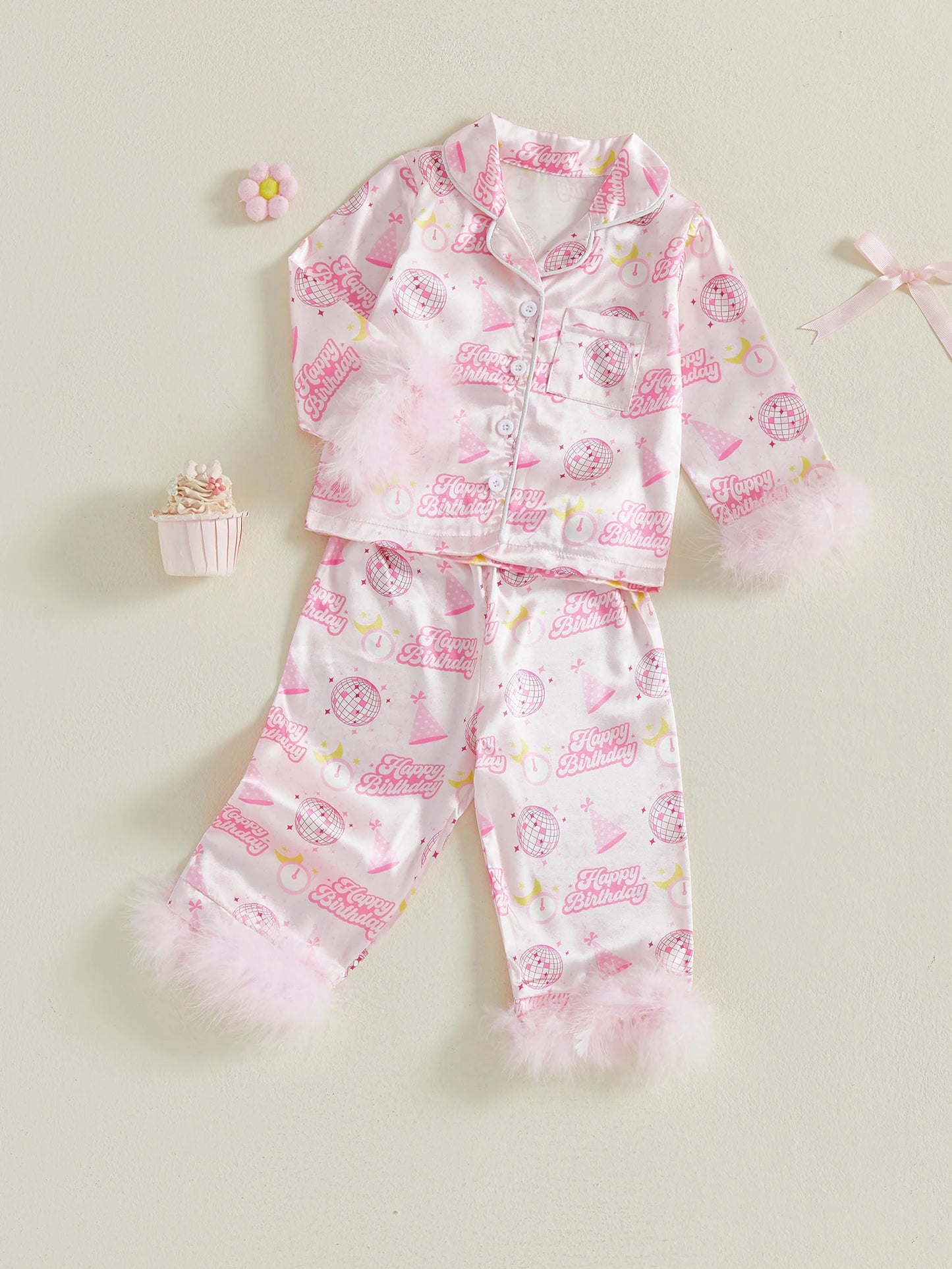 Kids Girls Pyjamas Set - Letter Ball Print Button Down Top & Pants (0-4Y)