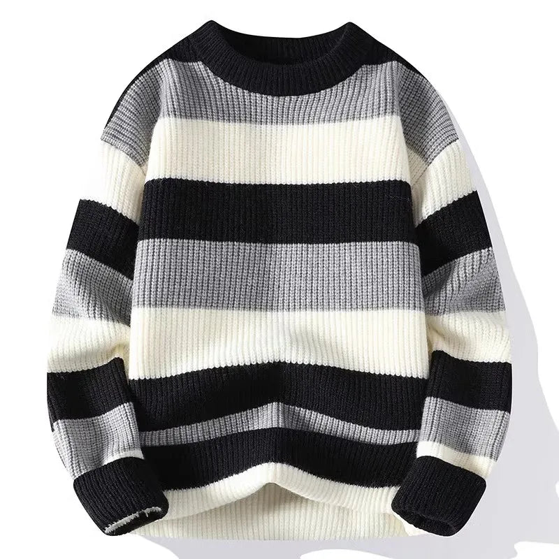 Men's Striped Round-Neck Casual Knit Pullovers Long Sleeve Knitted Sweater