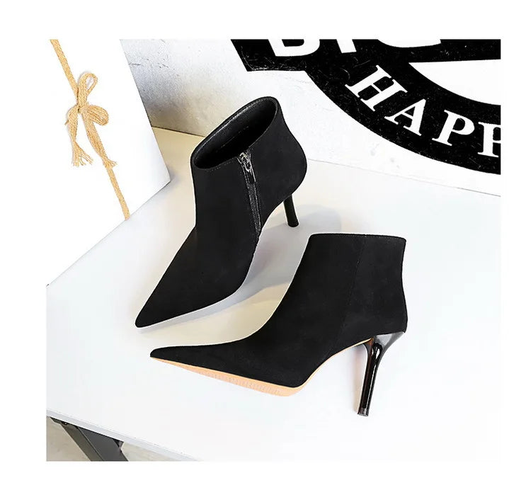 Black Suede Ankle Boots - Pointed Toe Stiletto Heels with Side Zipper