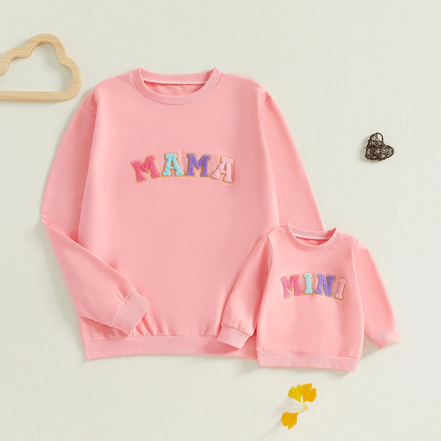 Mommy & Me Matching Letter Embroidery Sweatshirts - Long Sleeve Round Neck Pullovers