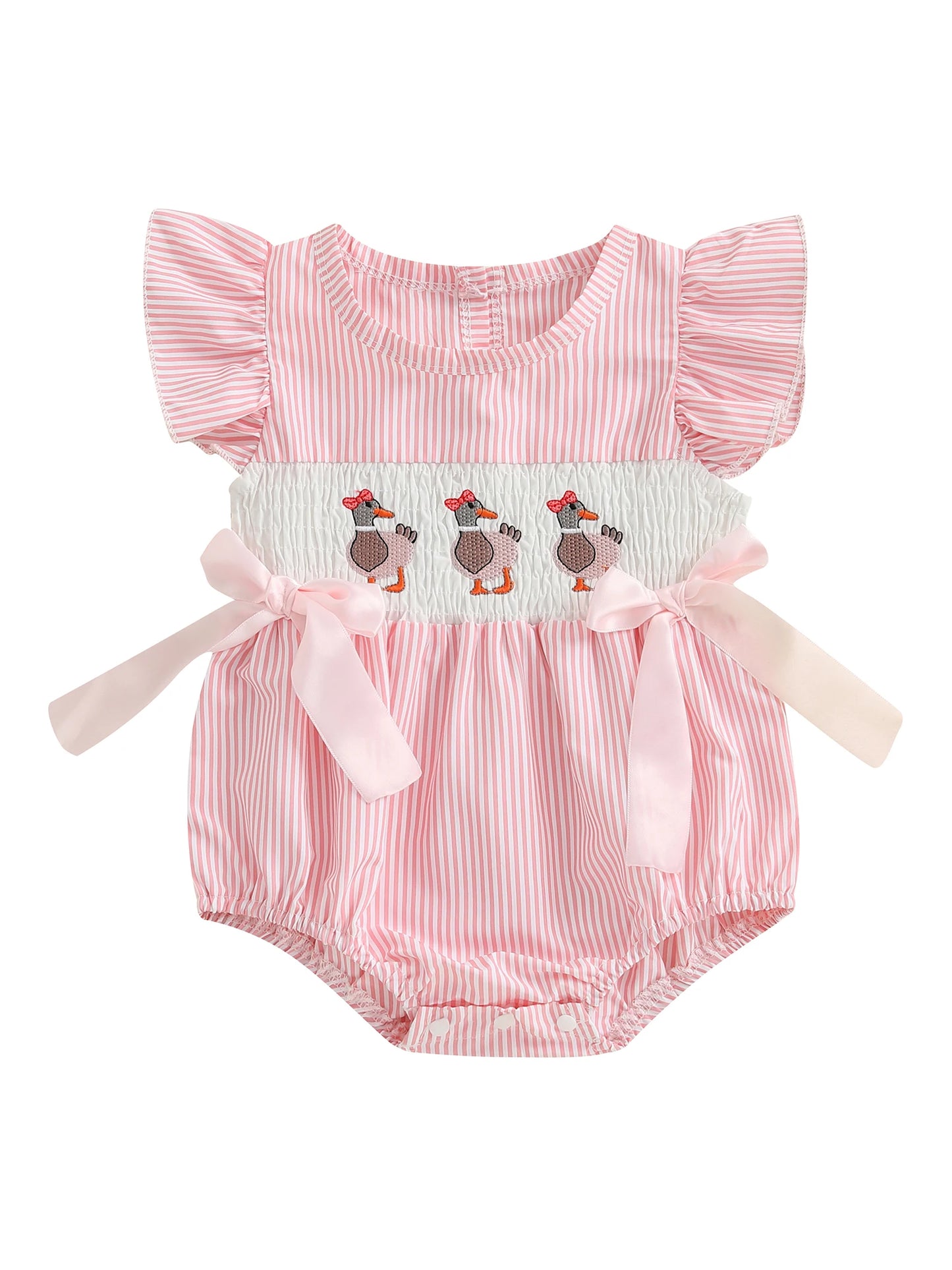 Baby Girls Striped Duck Embroidery Romper - Short Sleeve Jumpsuit with Bow (0-18M)