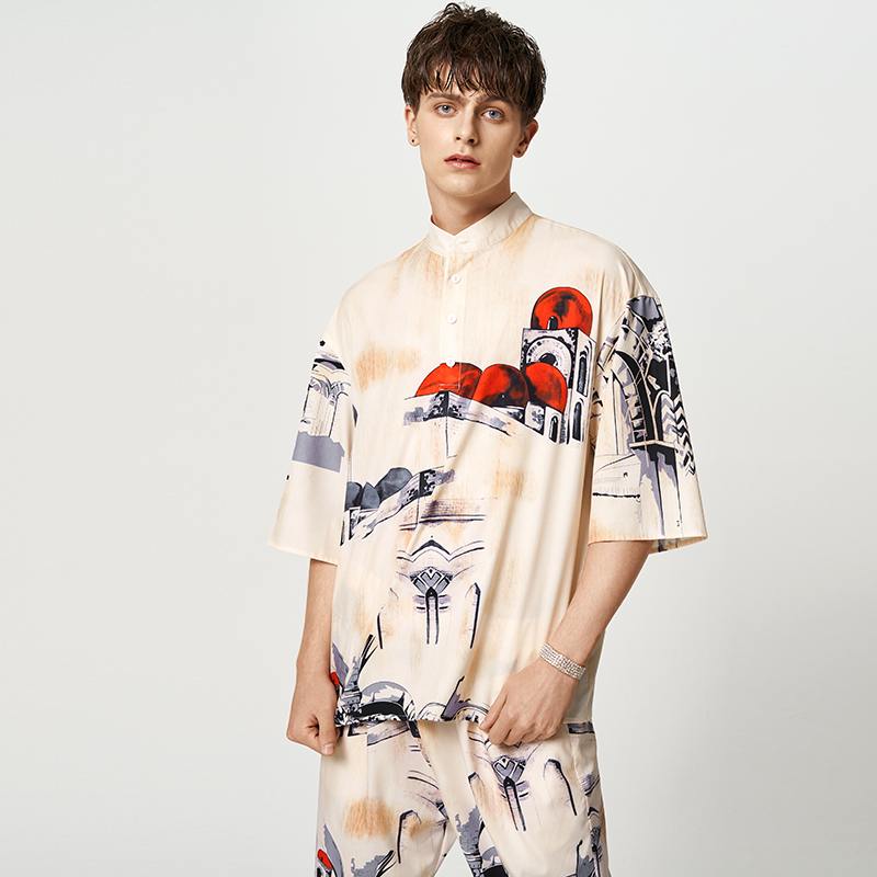 Men's Loose Stand Collar Half Sleeve Shirt and Elastic Waist Pants 2Pcs Causal Suit S-5XL