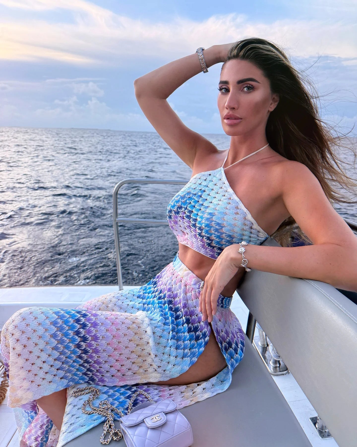 2-Piece Halter Print Set - Tube Top with Mesh Split Pants