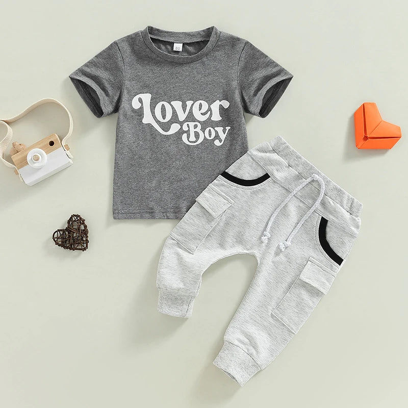 Valentine's Day Baby Boys Summer Outfit Set - Letter Print Grey T-Shirt & Pocket Pants (0-4Y)