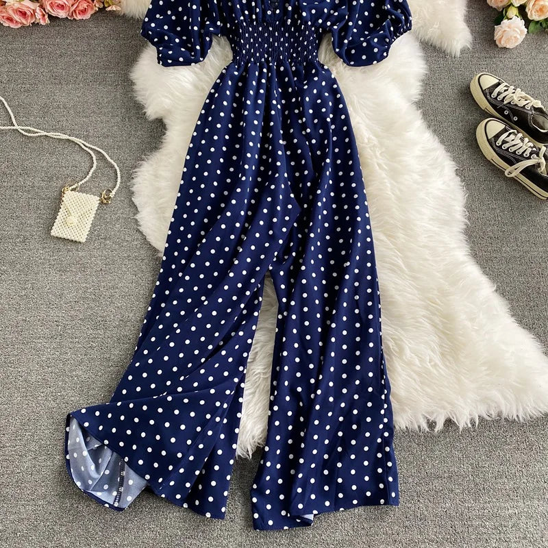 Women's V-Neck Polka Dot Jumpsuit - Wide Leg Trousers with Dolman Sleeves