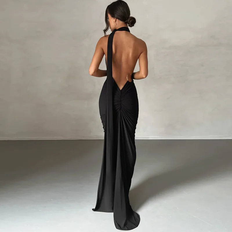 Women's Backless Irregular Maxi Ruched Long Sleeveless Dress