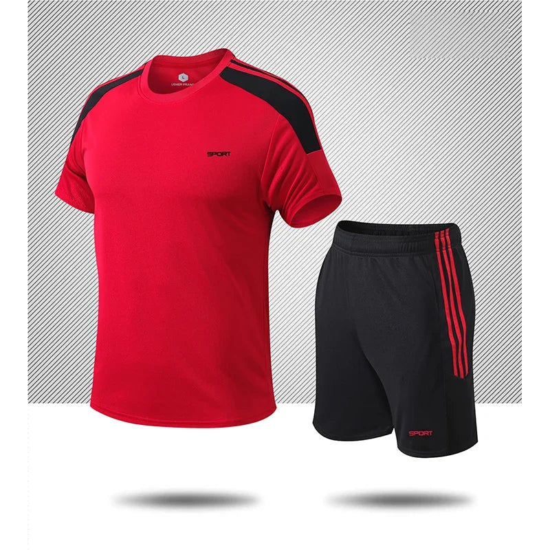 Men's Gym Suit Running Dry Fit Sports Jersey Basketball Breathable Short Sleeve Outdoor Football 2pcs Set