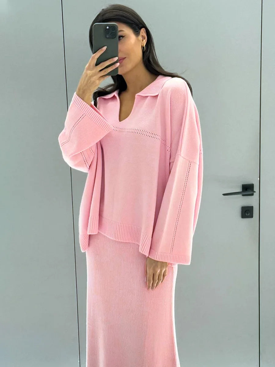 Women's Loose Sweater V-Neck Knit Pullover Top and Long High Waist Skirt 2 Piece Set