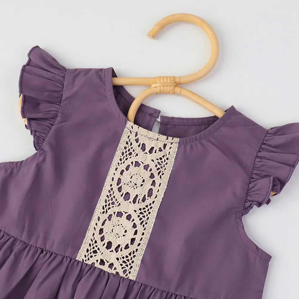 Girls Purple Lace Dress - Flying Sleeve Summer Dress with Patchwork Detail