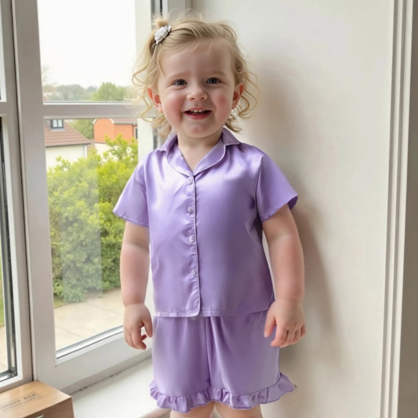 Baby Girls' Summer Pajamas Set - Button Down V-Neck Short Sleeve Top & Ruffled Shorts