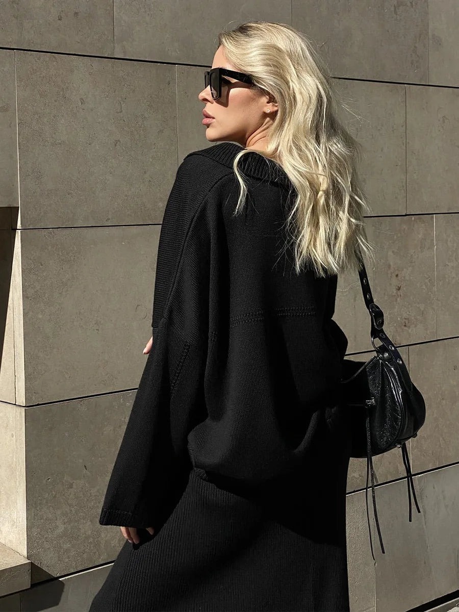 Women's Loose Sweater V-Neck Knit Pullover Top and Long High Waist Skirt 2 Piece Set