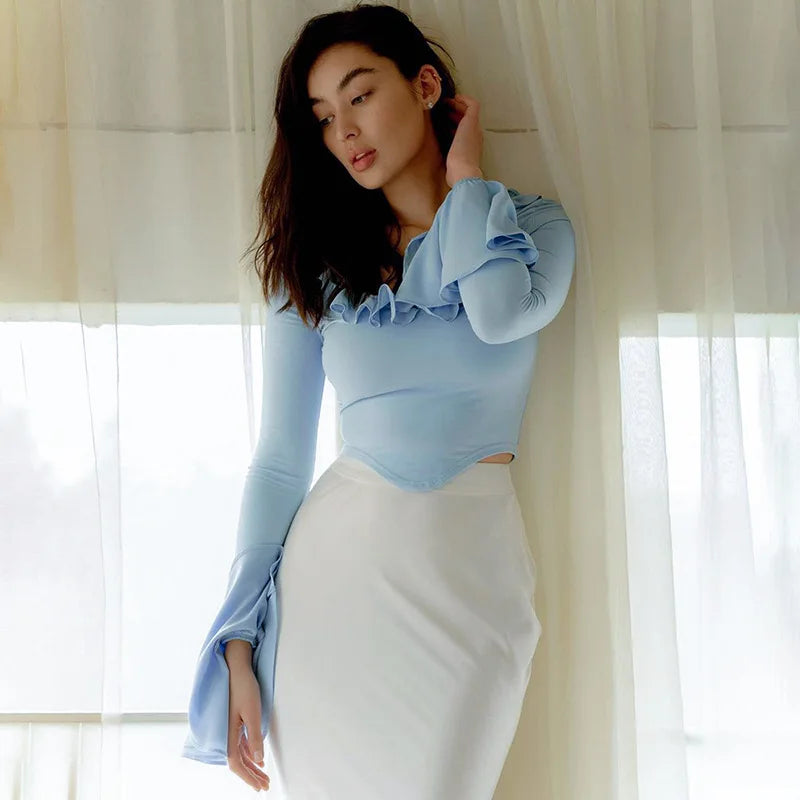 Women's Elegant Frill Ruffle Detail Flare Sleeve Tops Low Plunge Neck Slim Tie Back Cropped Top