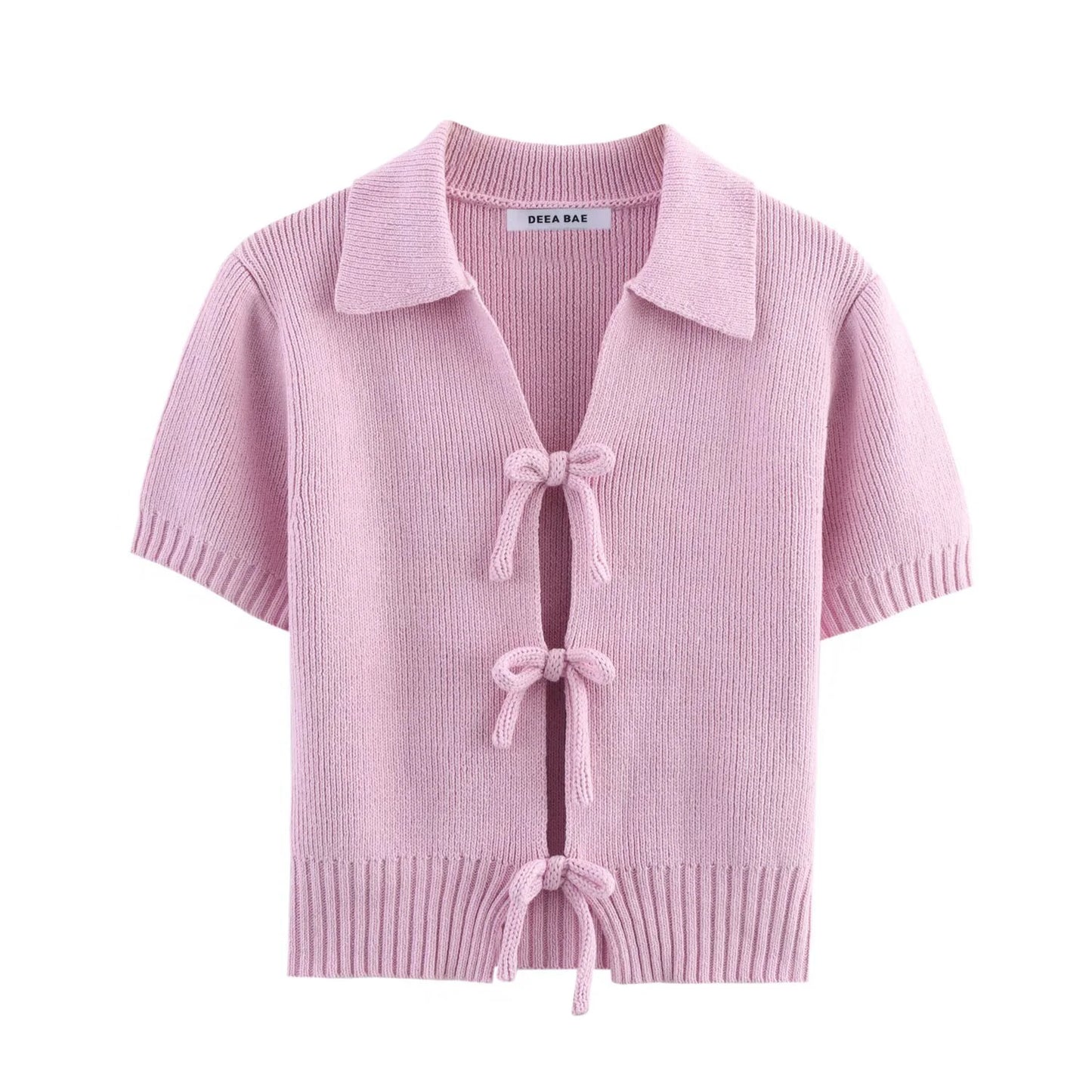 Women's Summer Bow Decoration Knitted Short Sleeved Round Neck Top T-shirt