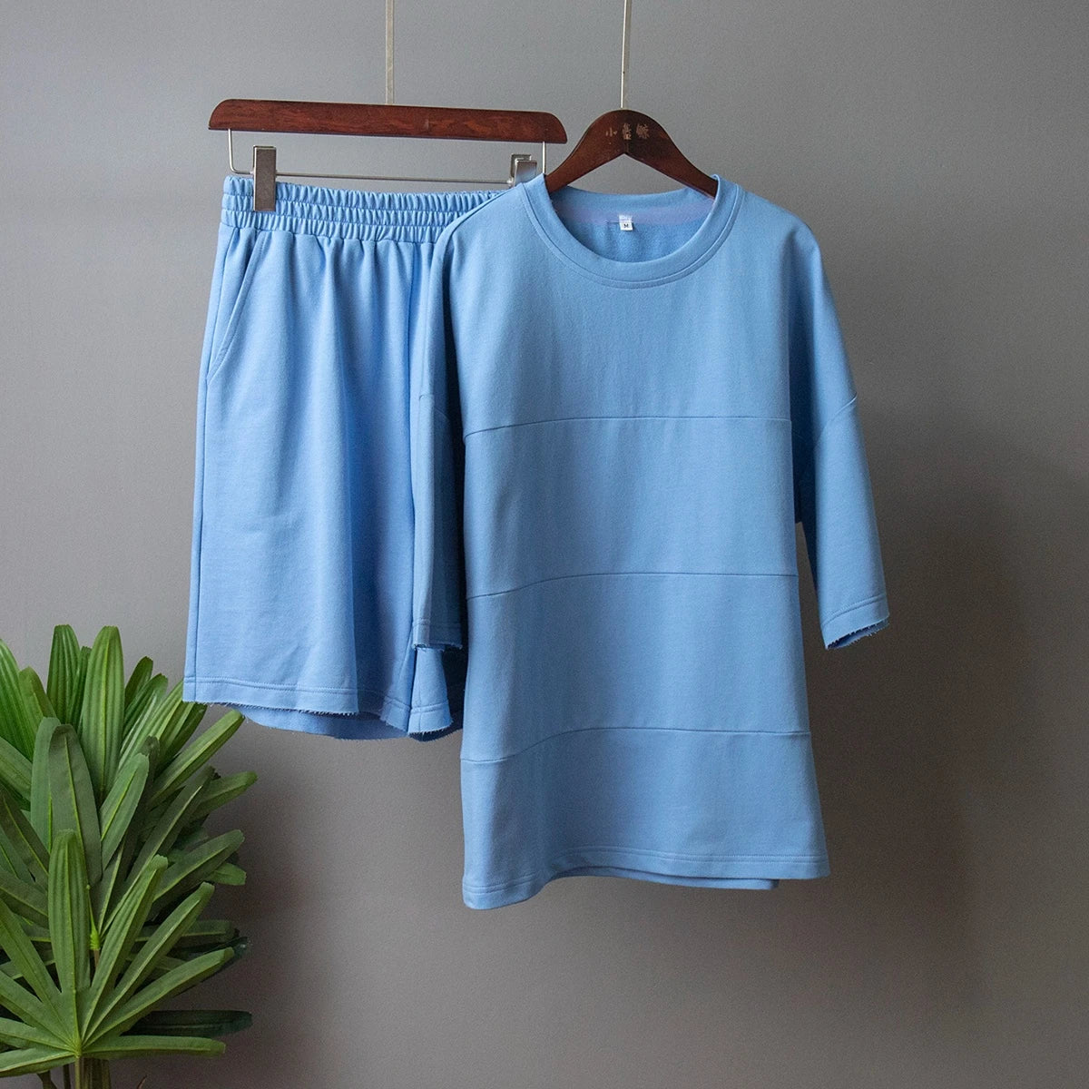 Women's 100% Cotton Shorts Set Half Sleeve Patchwork T Shirts & High Waist Shorts Two Pieces Set