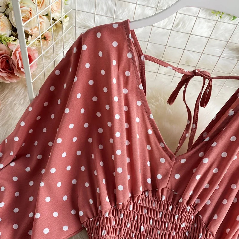 Women's V-Neck Polka Dot Jumpsuit - Wide Leg Trousers with Dolman Sleeves