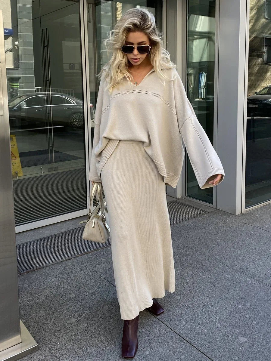 Women's Loose Sweater V-Neck Knit Pullover Top and Long High Waist Skirt 2 Piece Set
