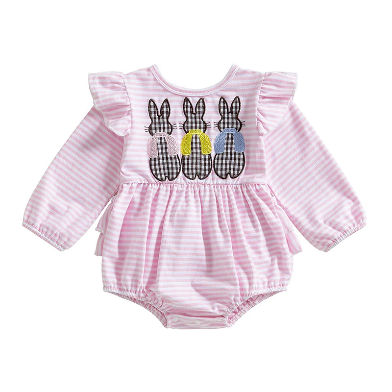 Baby Girls' Easter Spring Romper - Rabbit Embroidery Long Sleeve Striped Jumpsuit