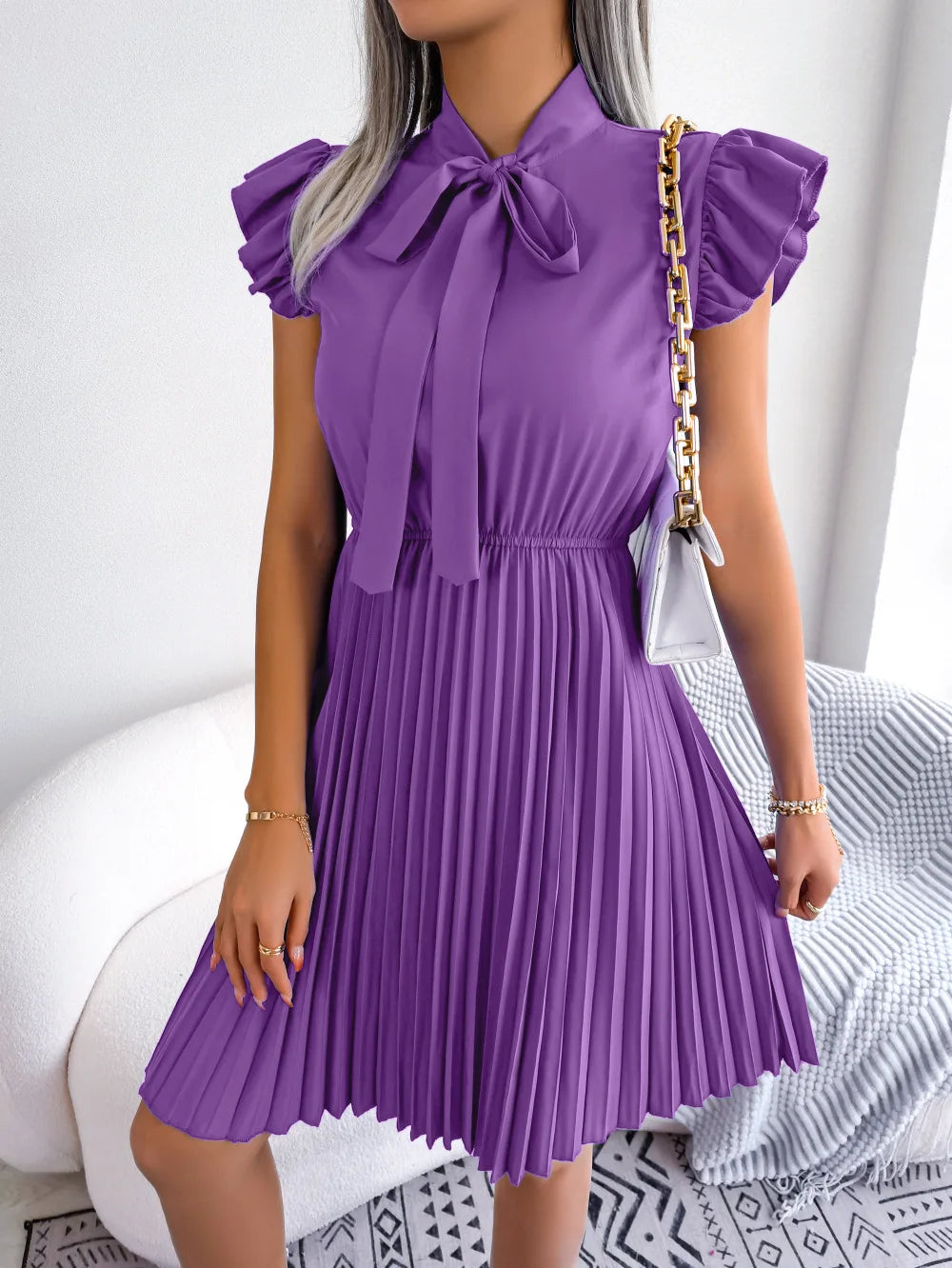 Women's Spring Summer Elegant Lace Up High Waist Large Fold Bow Collar Pleated Dress