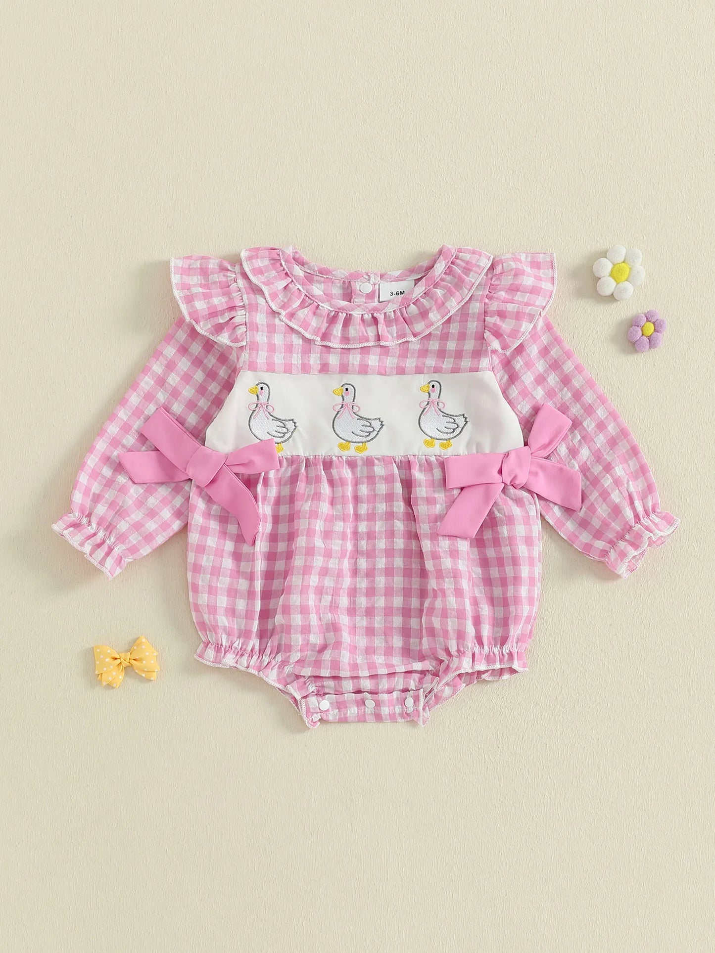 Baby Girls Plaid Bubble Romper - Duck Embroidery Long Sleeve Jumpsuit (0-18M)