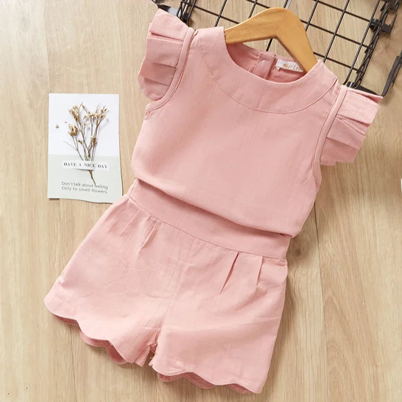 Girls Summer Feather Outfit Set - Sleeveless Top & Bandage Shorts