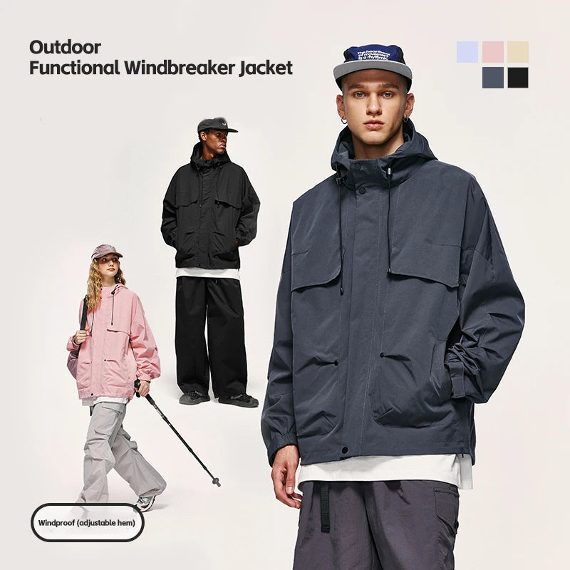 Unisex Mountain Cargo Windbreaker High Collar Zip Up Hooded Jacket