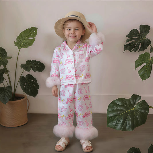 Kids Girls Pyjamas Set - Letter Ball Print Button Down Top & Pants (0-4Y)