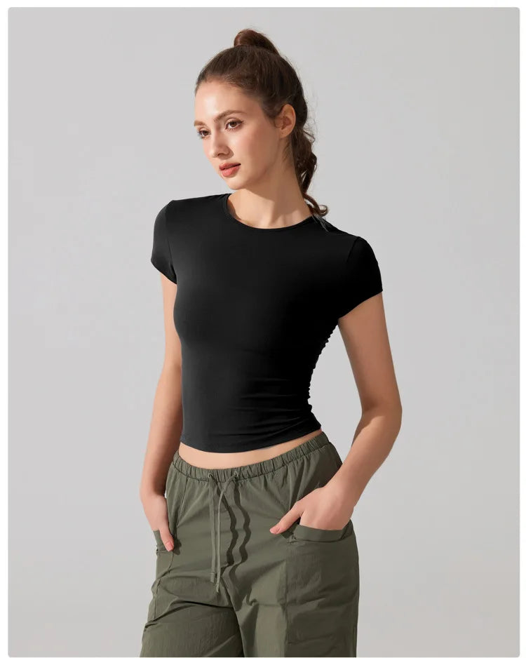 Women's Summer Short Sleeve Yoga T-Shirt Solid Color Slim Fit Gym Running Top Round Neckline Breathable Quick Dry Fitness Sportswear