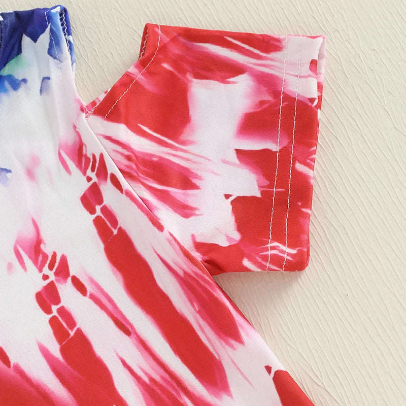 1-8Y Kids Girls USA Flag Star Tie-Dye Print Short Sleeve Casual Summer Dress