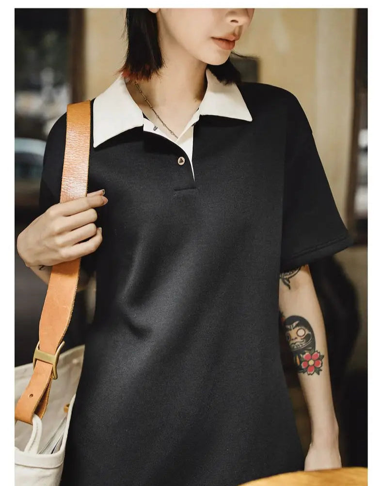 Women's Color-Block Polo Dress - Preppy Tennis Style with Adjustable Waist Short Sleeve Summer Dress