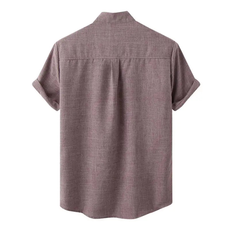 Men's Cotton Linen Short Sleeved Breathable Stand Collar Single Breasted Shirt