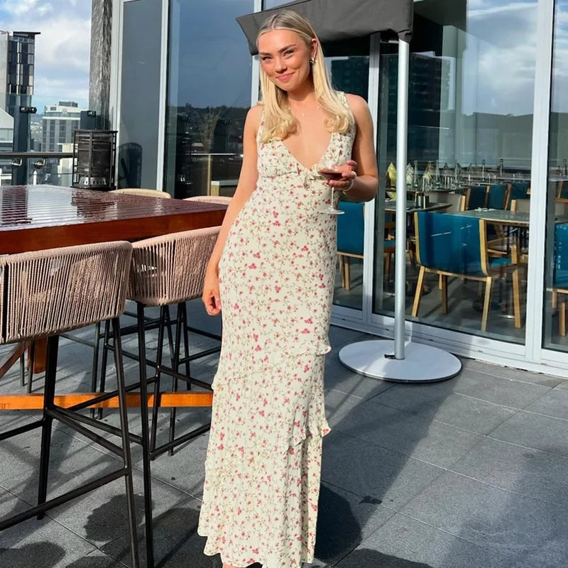 Women's Summer Floral Print Draped V Neck Maxi Ruffled Detail Sun Dress