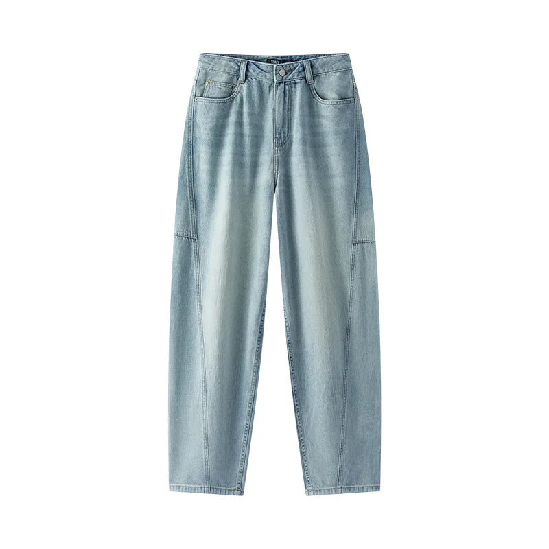 Women's Vintage Cotton Wide Leg Jeans - Curved Hem Retro Style