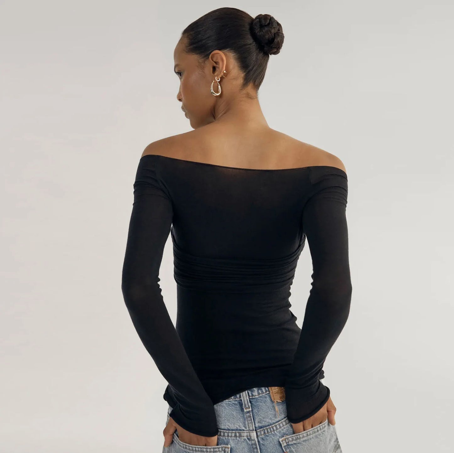 Women's Off Shoulder Ruched Knit Top - Long Sleeve Top
