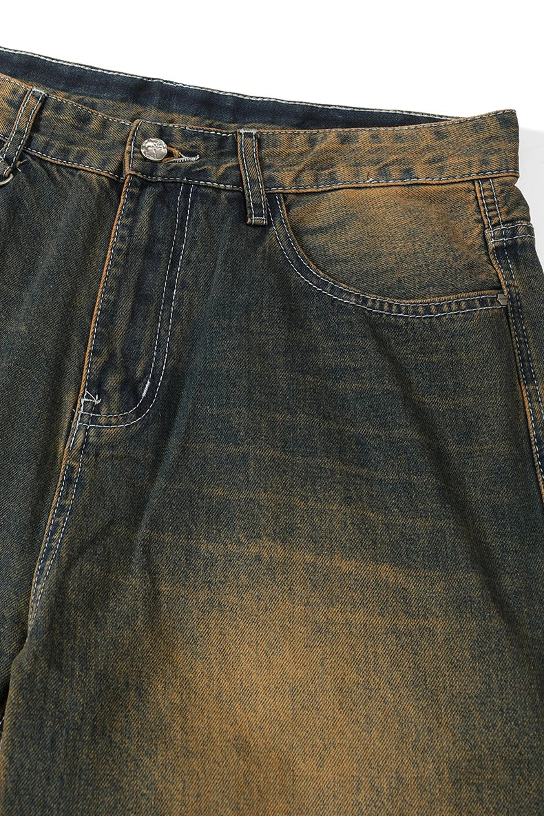 Unisex Retro Washed Jeans Stretch Straight Leg Denim Trousers