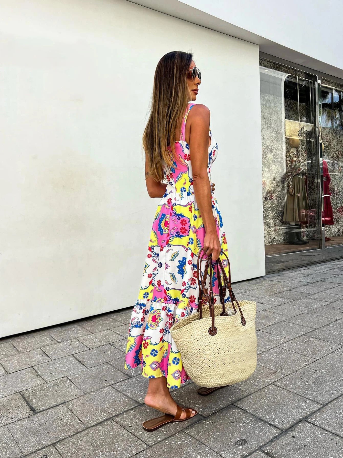 Women's Floral Printed Elegant Sleeveless Long Lace Up Robe Summer Bodycon Dress
