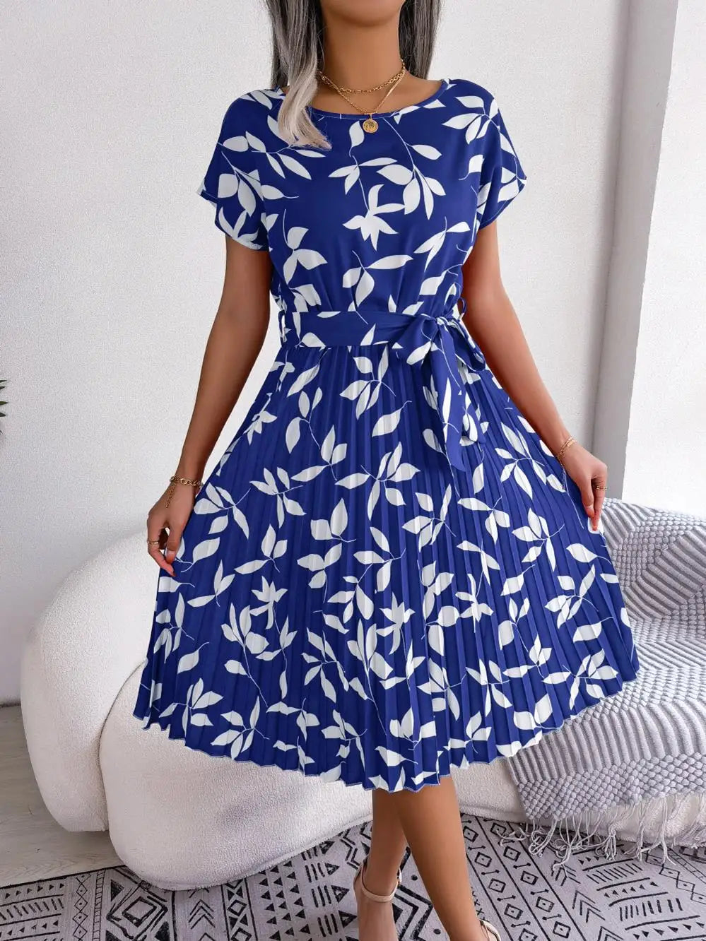 Women's Floral Pleated A Line Long Spring Summer Short Sleeve High Waist Chic Dress