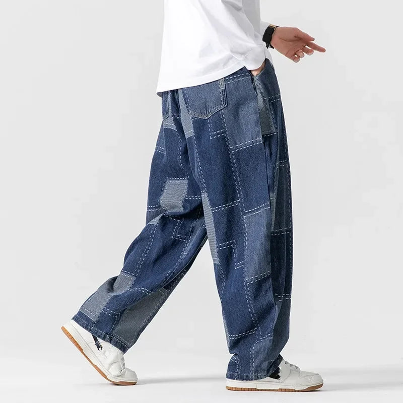 Men's Autumn Winter Loose Patchwork Denim Pants Casual Jean Trousers