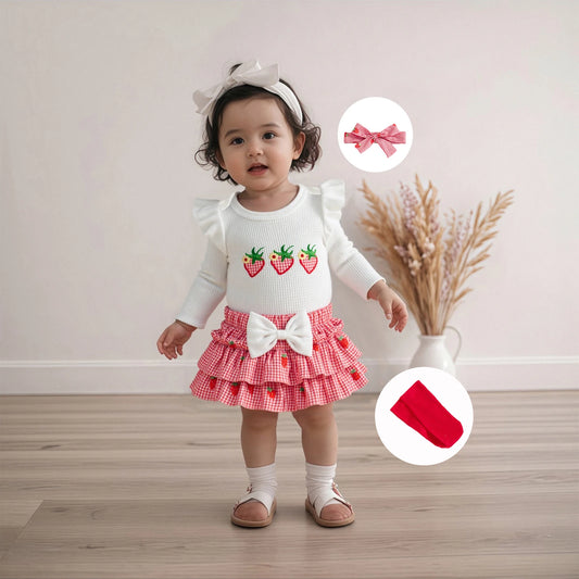 Baby Girls Strawberry Outfit Set - 4-Piece Long Sleeve Romper, Plaid Shorts, Headband & Socks (0-18M)