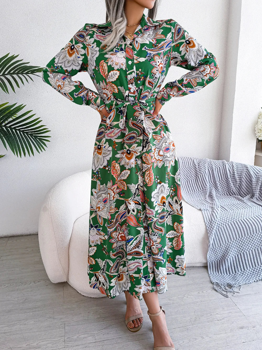 Women'S Spring Summer Retro Floral Collar Long Sleeve Tie Up Shirt Dress