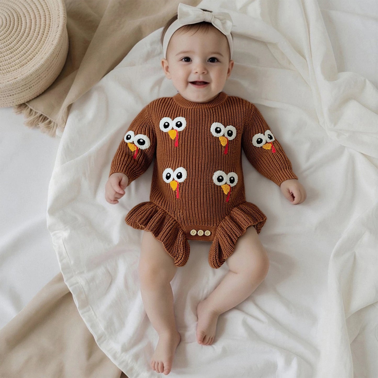 Baby Thanksgiving Knit Romper - Turkey Embroidery Long Sleeve Ruffle Bodysuit Sweater
