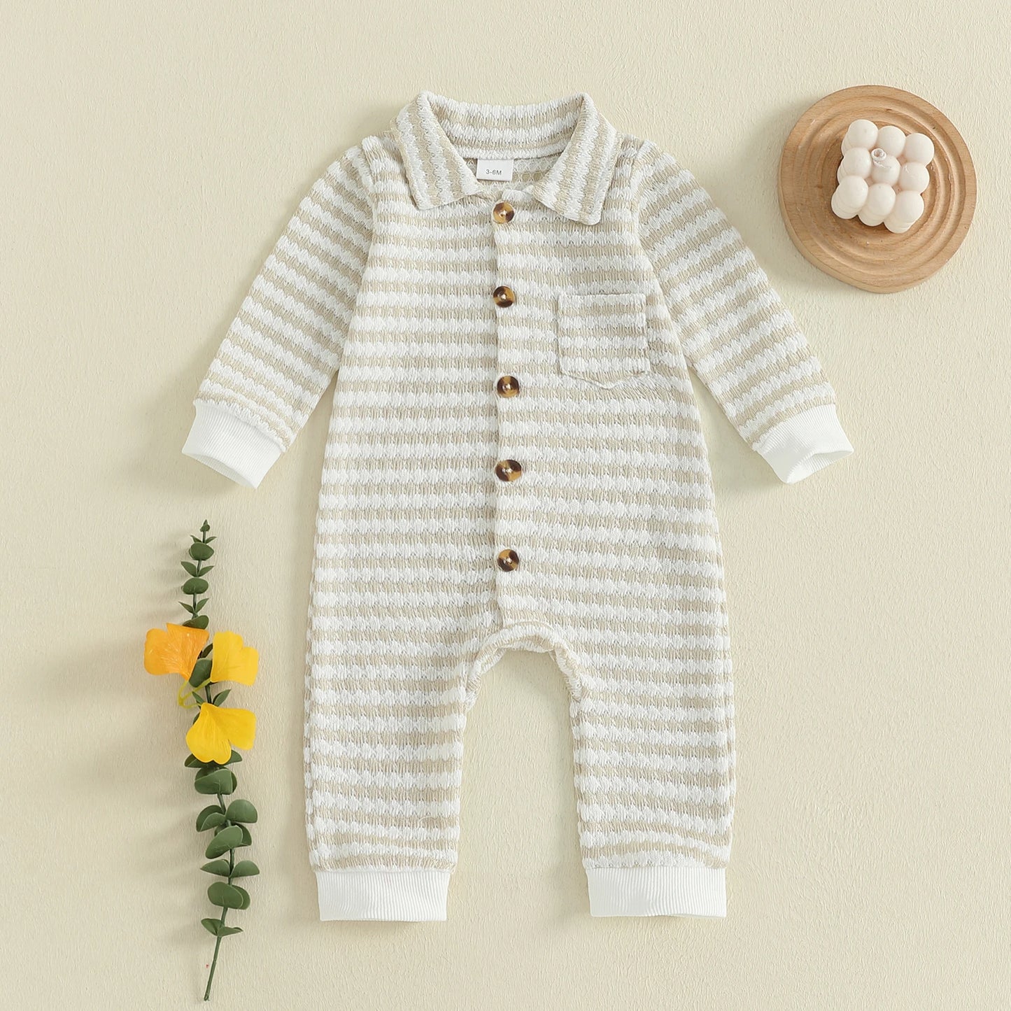 Newborn Baby Fall Winter Jumpsuit Set - Striped Turn-Down Collar Romper & Pants (0-18M)