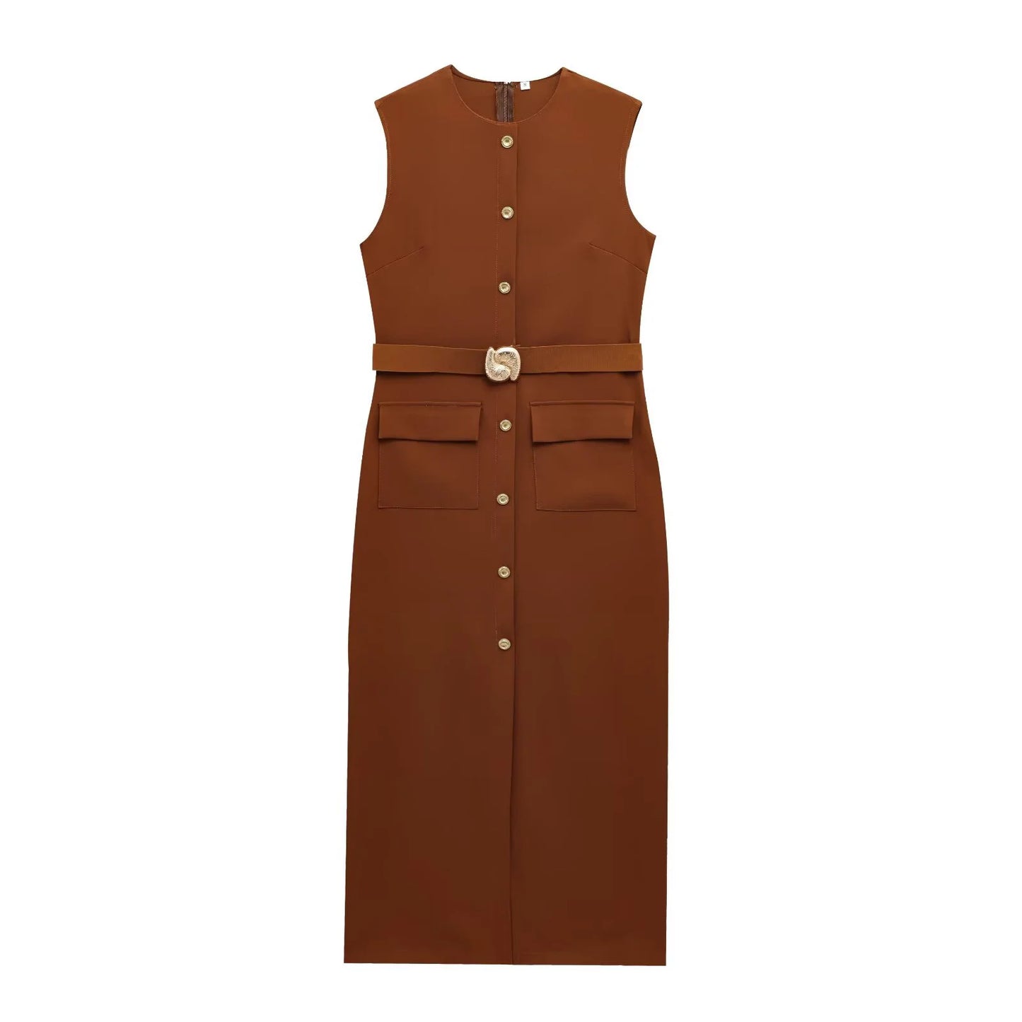 Women's Waist Belt Crepe Sleeveless Round Neck Midi Dress