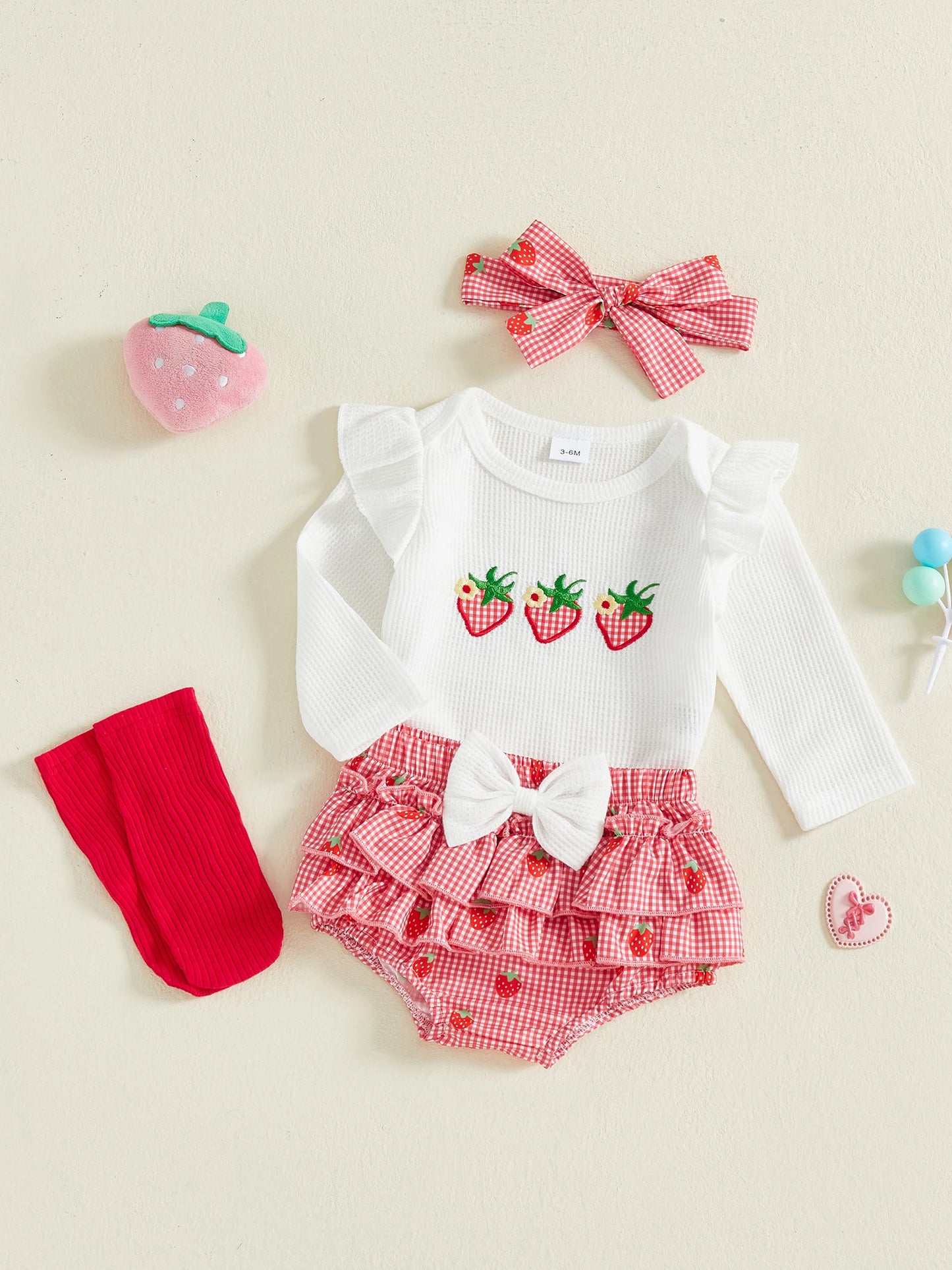Baby Girls Strawberry Outfit Set - 4-Piece Long Sleeve Romper, Plaid Shorts, Headband & Socks (0-18M)