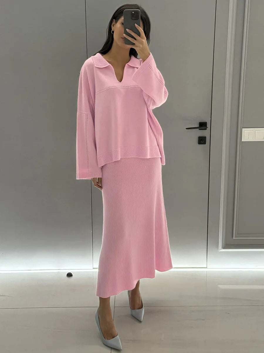 Women's Loose Sweater V-Neck Knit Pullover Top and Long High Waist Skirt 2 Piece Set