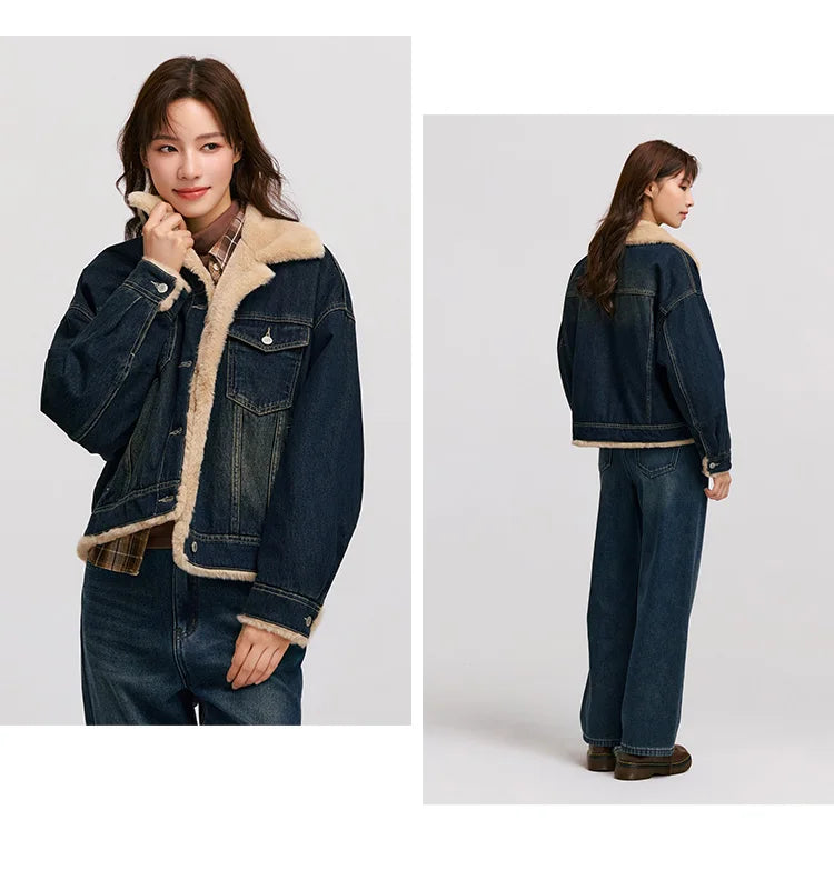Denim Jacket Women Patchwork Imitation Rabbit Fur Lapel Loose Winter Quilted Jacket