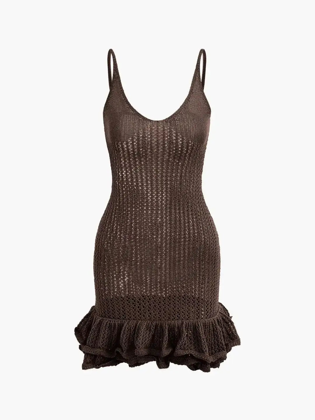 Women's Crochet Knit Mini Dress - Sleeveless Ruffle Hem Cover Up