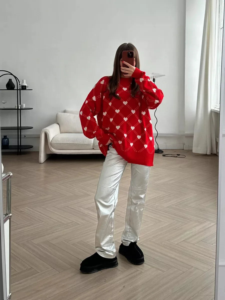 Women's Love Heart Printed Round-neck Pullover Sweater