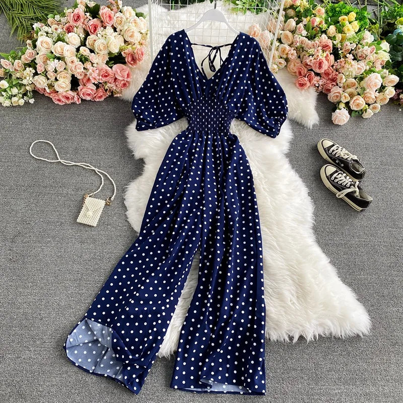 Women's V-Neck Floral Print Jumpsuit - Dolman Sleeves Wide Leg Trousers