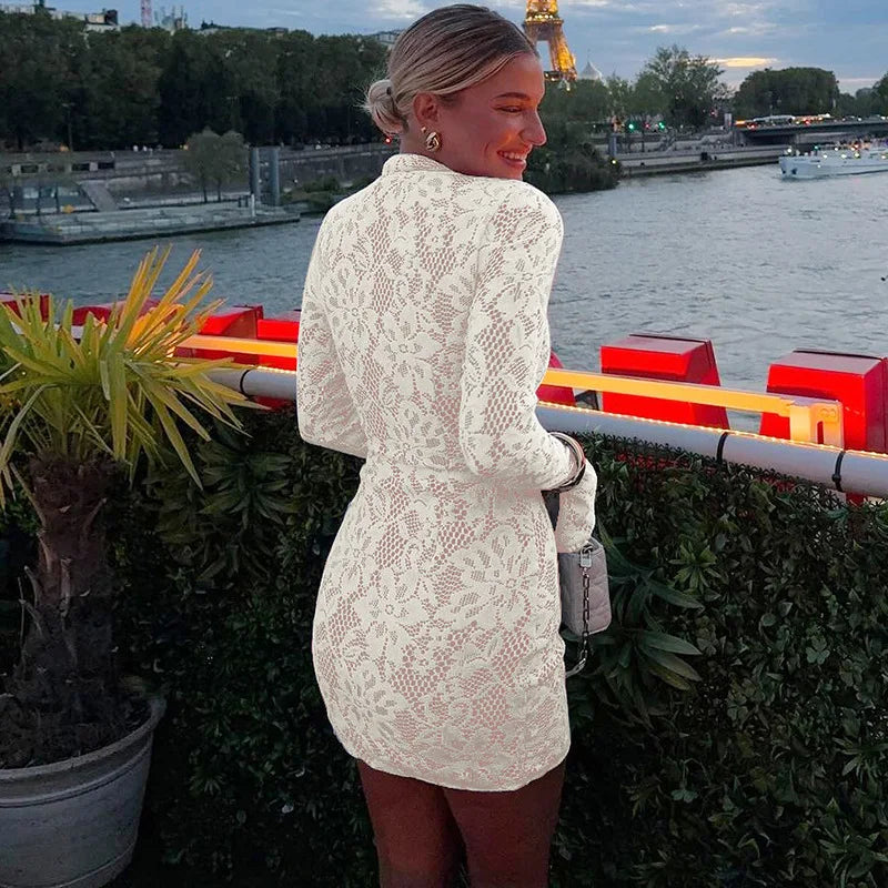 Women's Lace Hollow Mini High Waist Hip Wrap Party Long Sleeve Elegant Dress